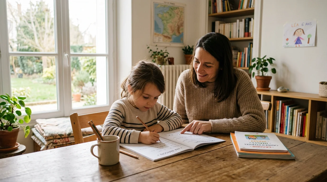 Enfant accompagné par une éducatrice dans une séance de coaching scolaire