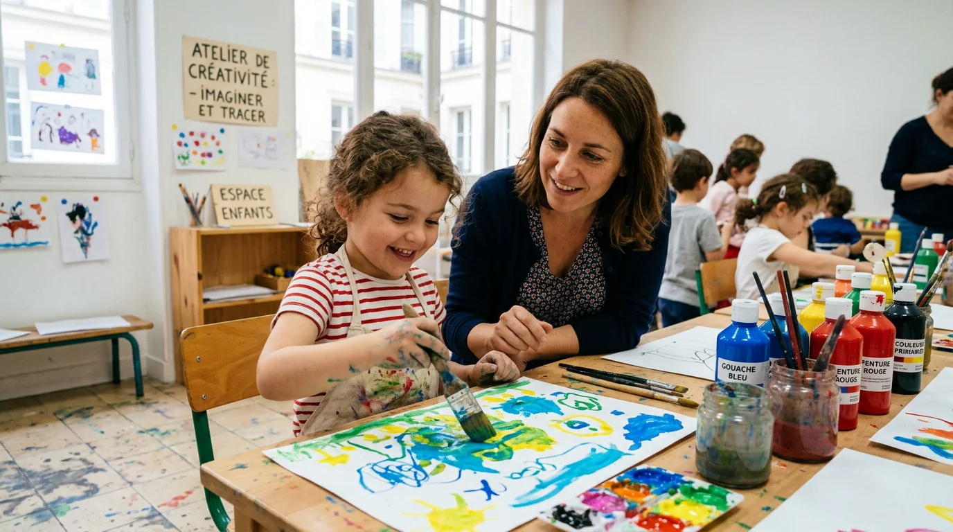 Enfant participant à un atelier créatif d'arts visuels dans un cadre de soutien scolaire inclusif
