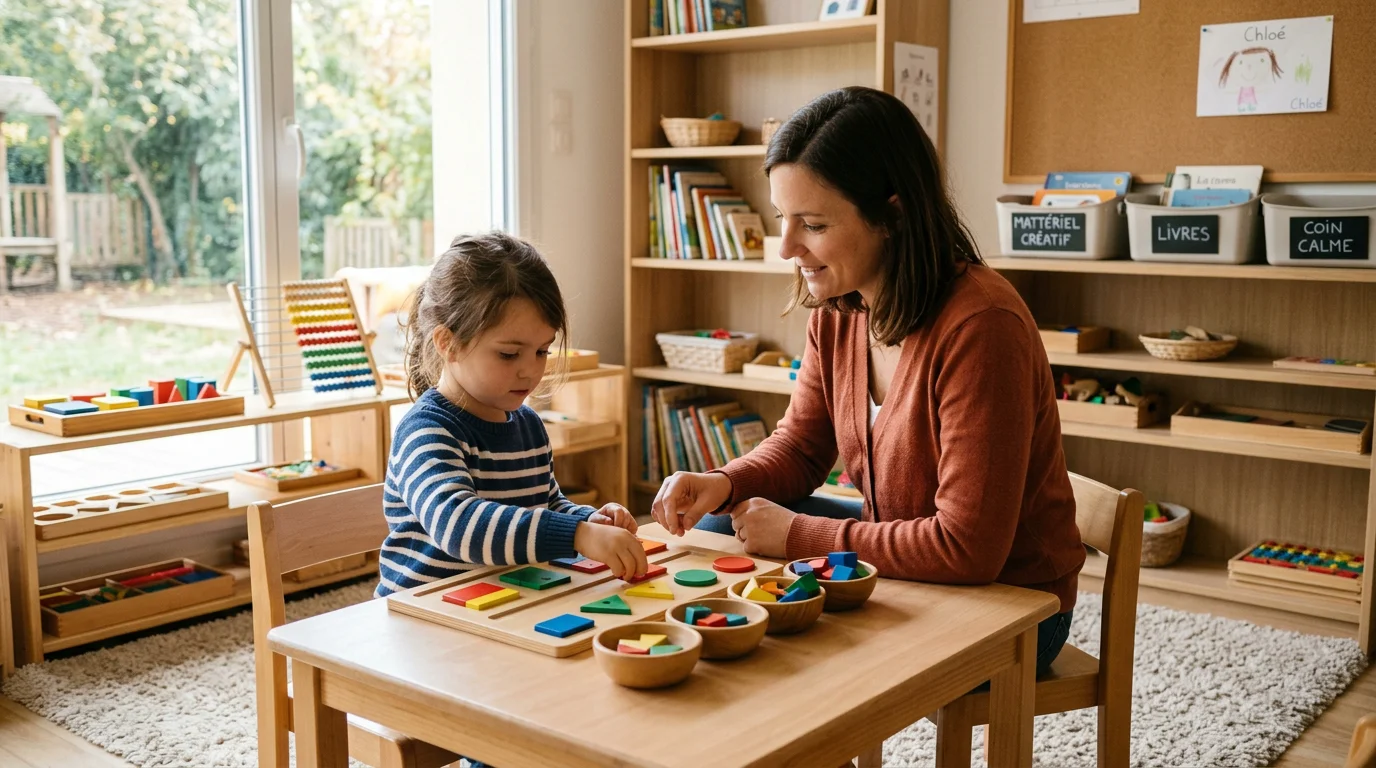 Éducatrice accompagnant un enfant avec des supports pédagogiques colorés adaptés