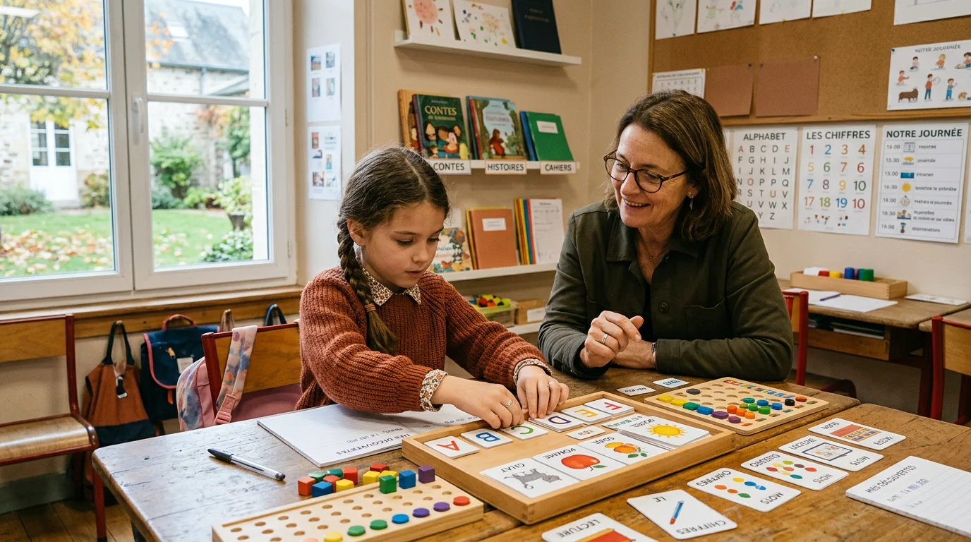 Éducateur accompagnant un enfant avec des supports pédagogiques adaptés