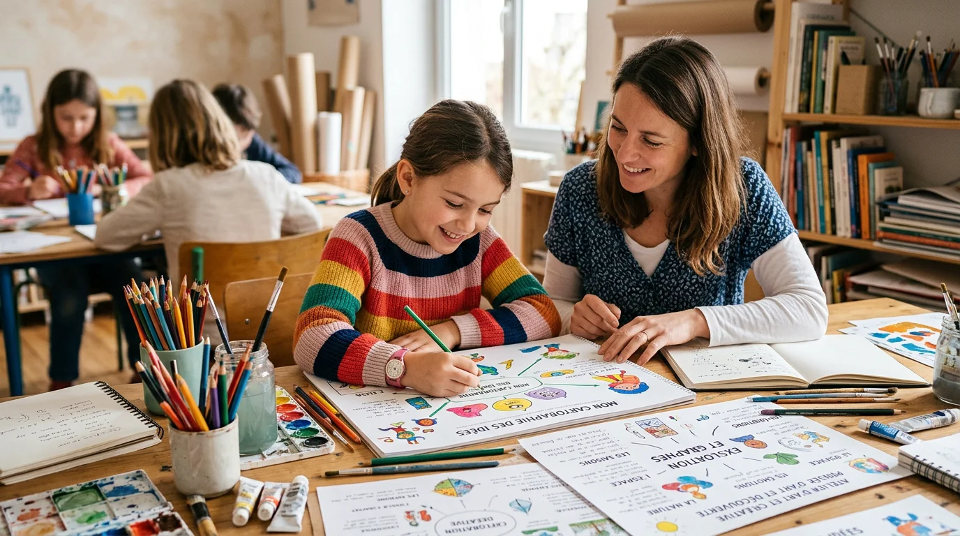 Enfant en atelier créatif d'arts visuels avec un éducateur