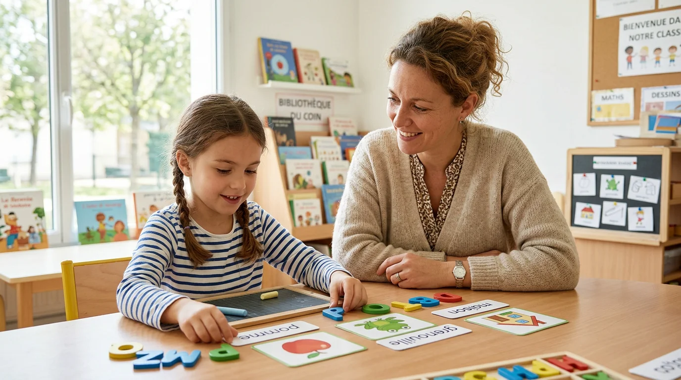 Éducatrice accompagnant un enfant lors d'une séance d'assistance scolaire personnalisée