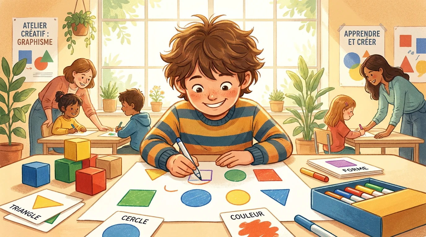 Enfant réalisant un atelier créatif de graphisme dans le cadre d'un soutien scolaire adapté
