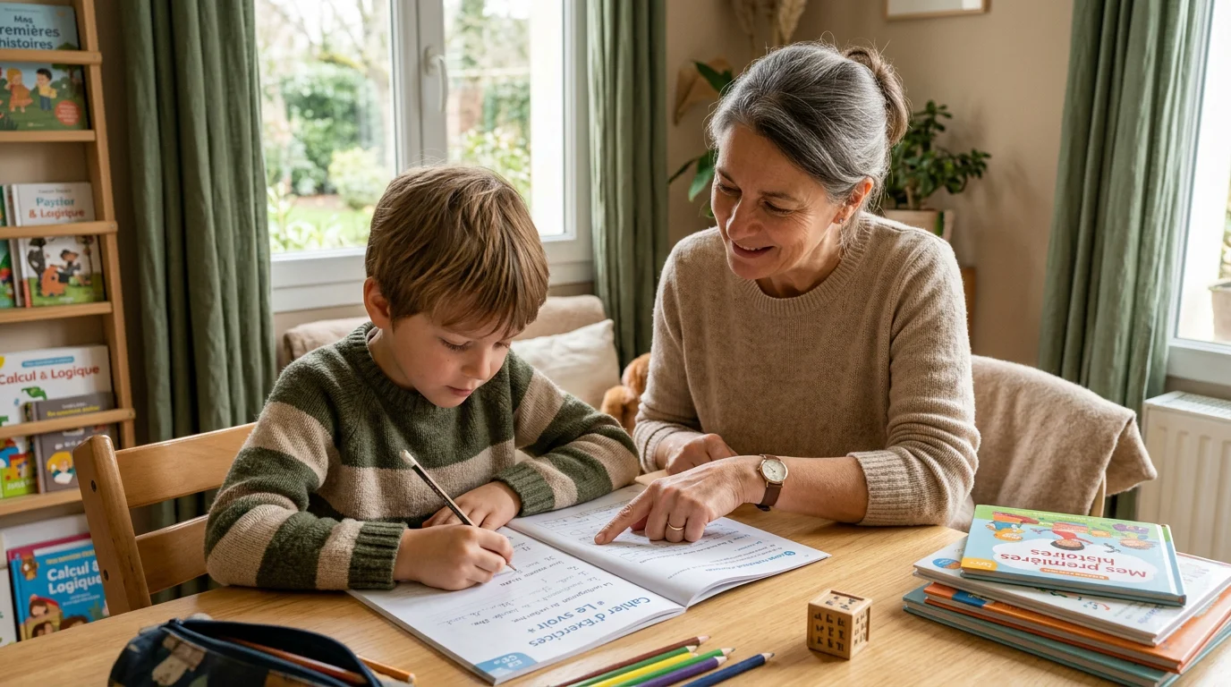 Un enfant travaille avec un accompagnant lors d'une séance de soutien scolaire