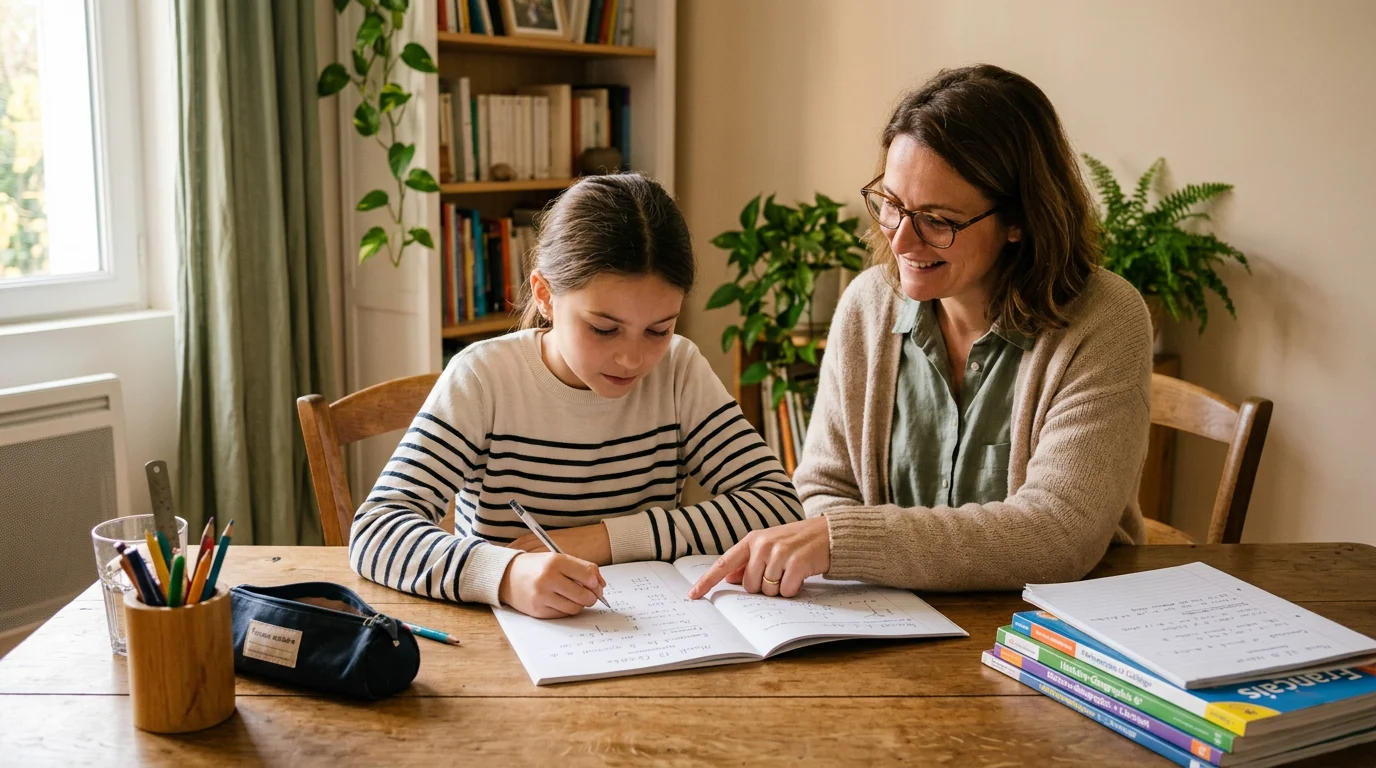 Un collégien accompagné par un tuteur pendant ses devoirs à domicile