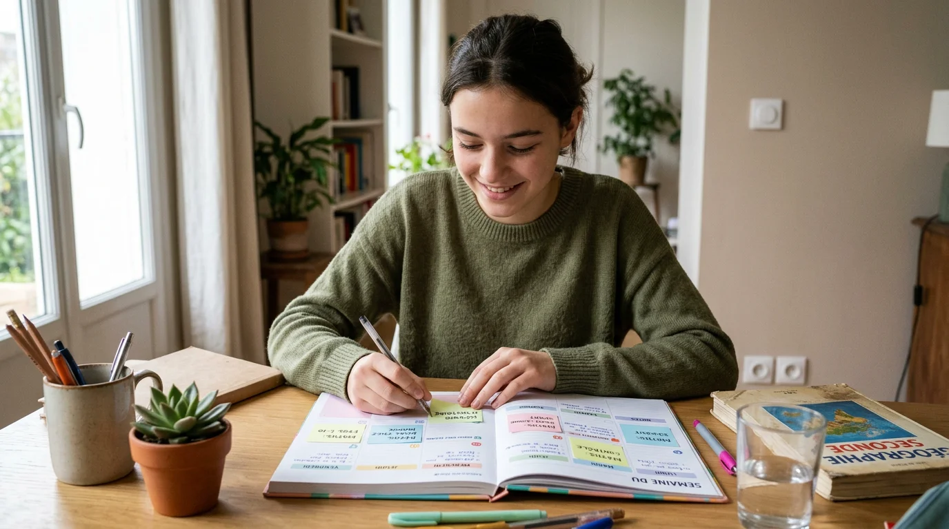 Une collégienne organise son planning de révisions avec méthode