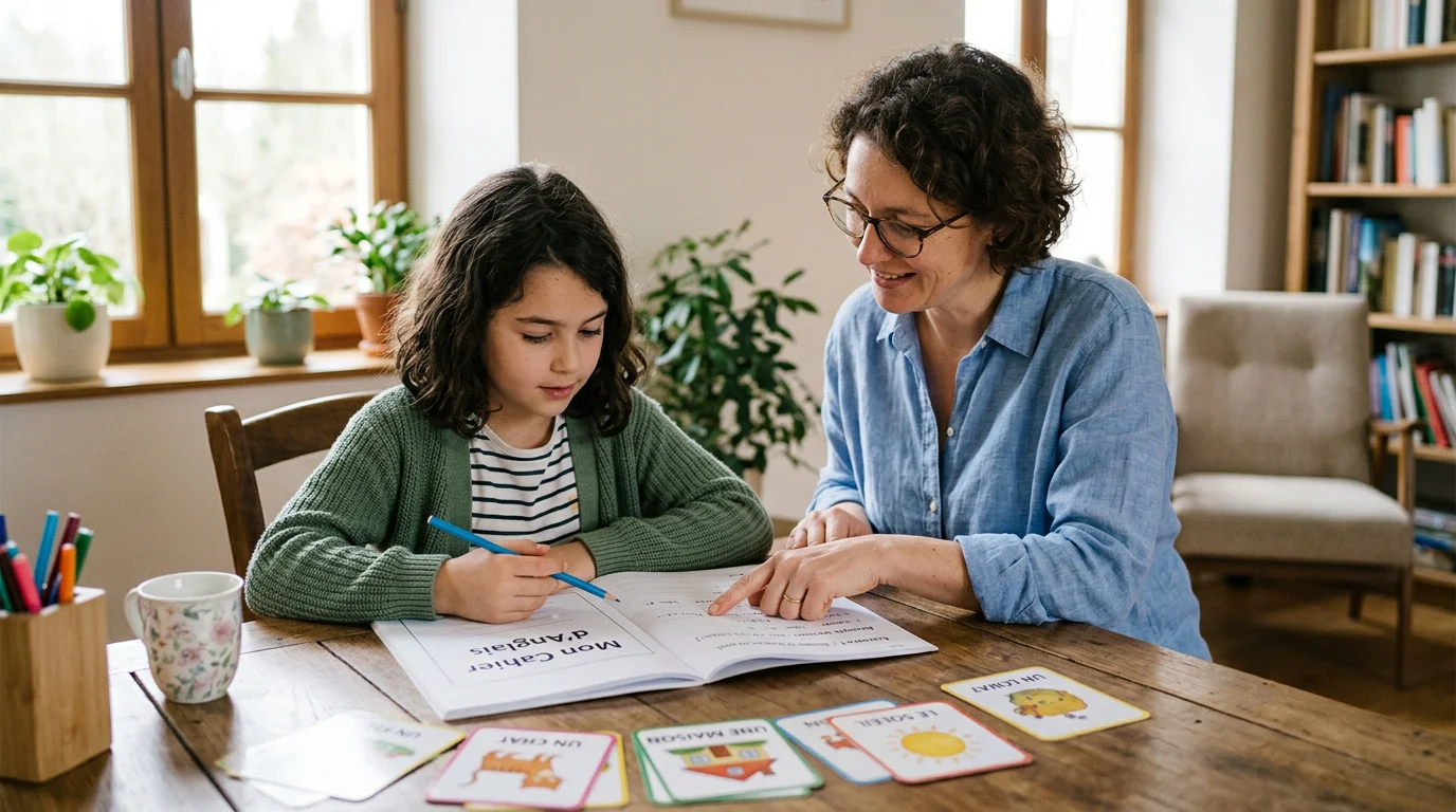 Un enfant travaille l'anglais avec un accompagnant à l'aide de cartes de vocabulaire