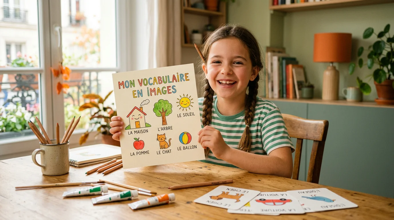 Un enfant fier de son travail créatif associant dessin et apprentissage de l'anglais