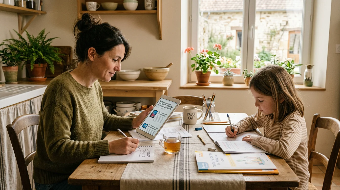 Un parent consulte des avis sur le soutien scolaire pendant que son enfant travaille
