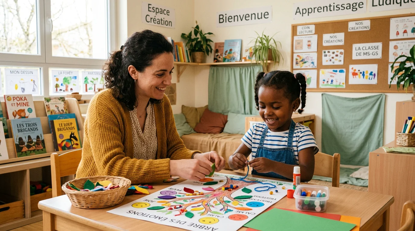 Une éducatrice accompagne un enfant lors d'un atelier de soutien scolaire créatif et adapté