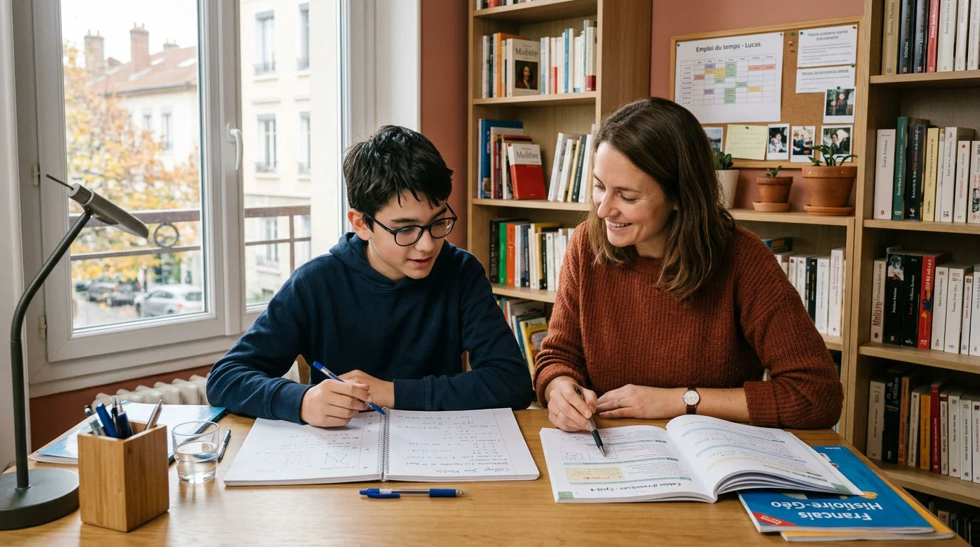 Un collégien travaille ses cours avec un accompagnant à domicile