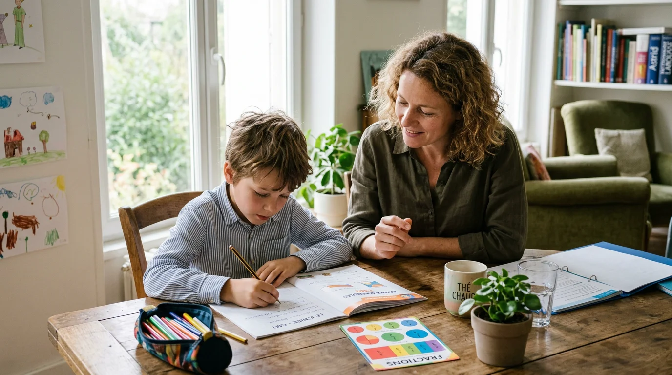 Un accompagnateur aide un enfant lors d'une séance de soutien scolaire à une table de travail