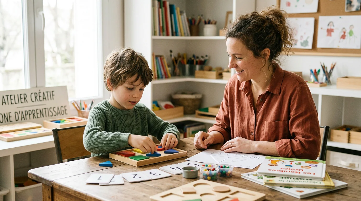 Un éducateur accompagne un jeune enfant avec des supports pédagogiques adaptés