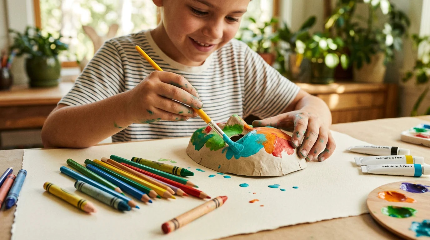Mains d'un enfant réalisant un atelier créatif d'arts visuels