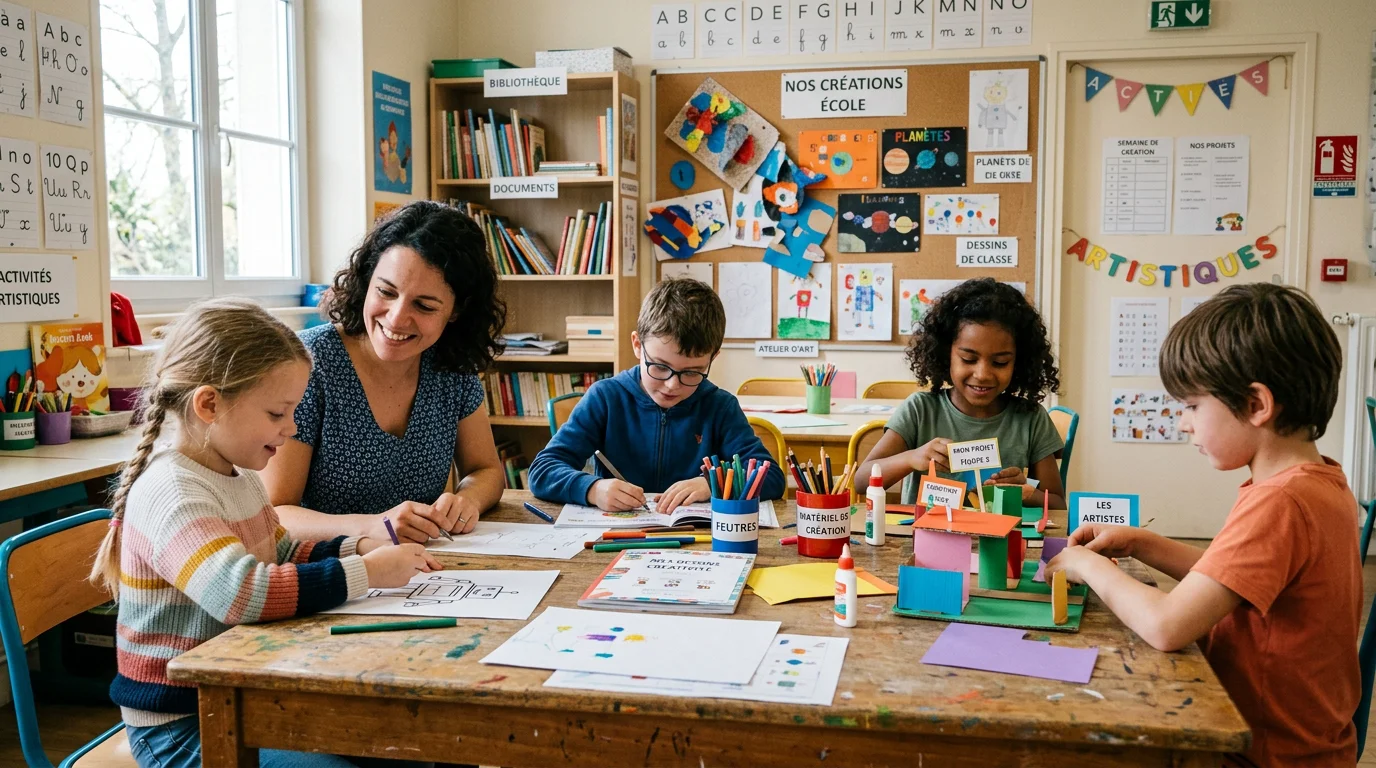 Des enfants participent à un atelier d'apprentissage créatif accompagnés d'une enseignante