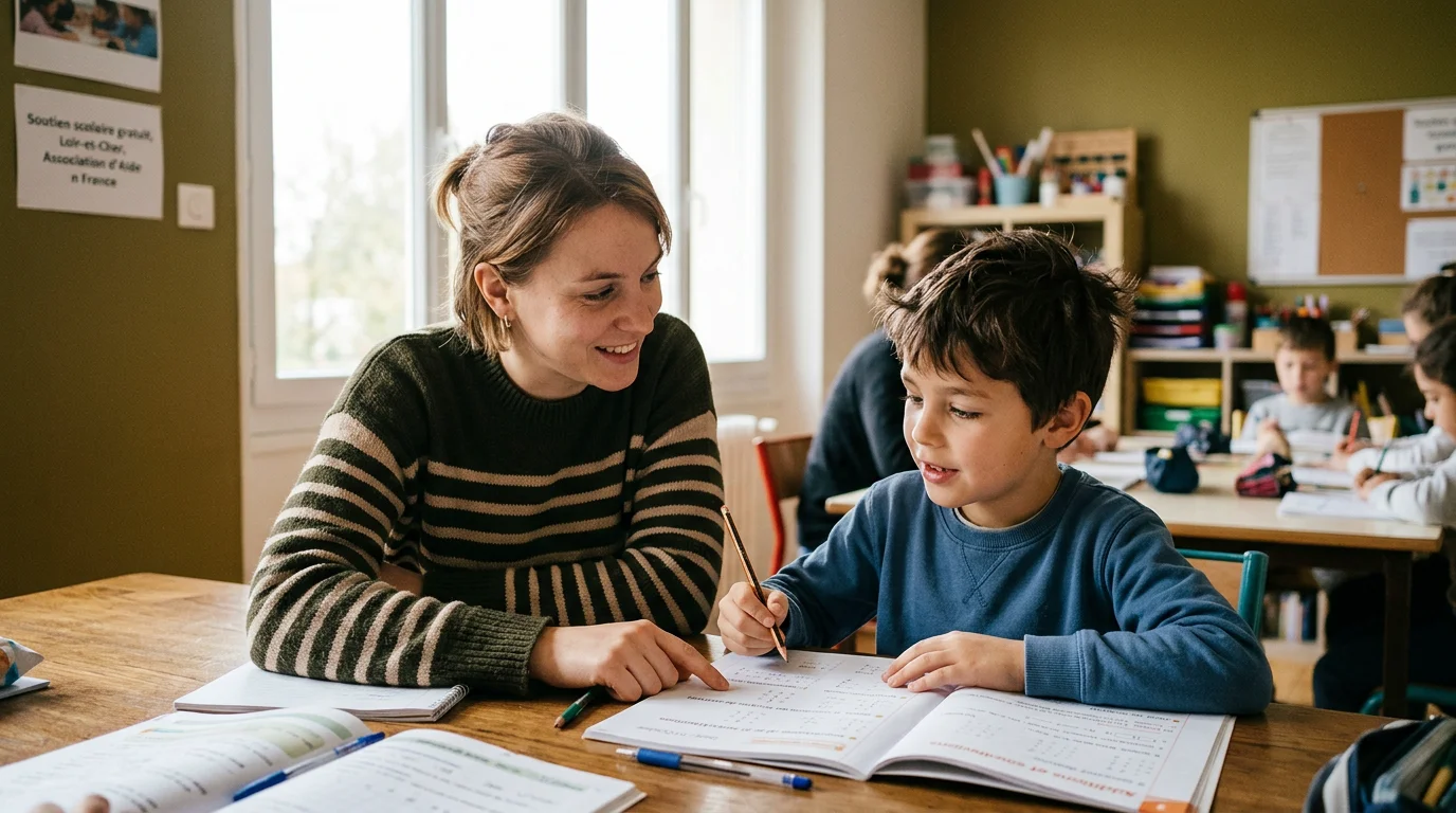 Un bénévole aide un enfant à faire ses devoirs dans un local associatif
