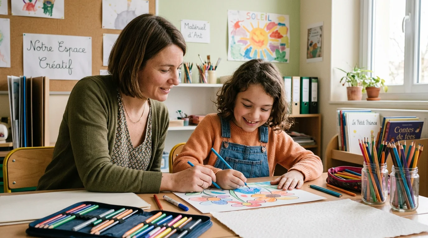 Enfant en situation de handicap réalisant une activité créative accompagné d'un éducateur