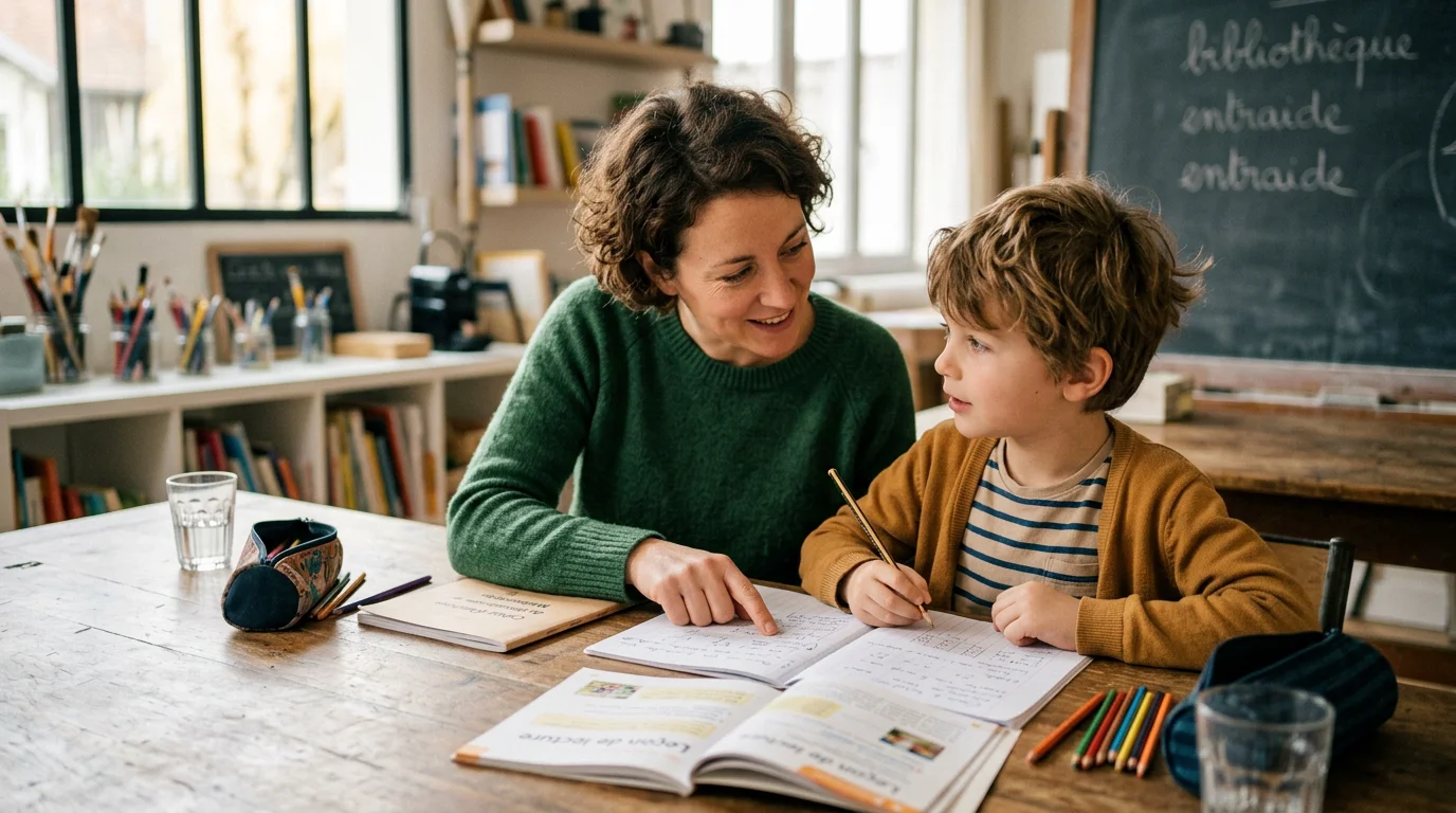 Un bénévole aide un enfant à faire ses devoirs dans une ambiance chaleureuse