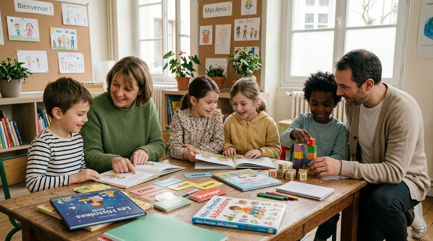 Un groupe d'enfants et de bénévoles réunis autour d'activités éducatives