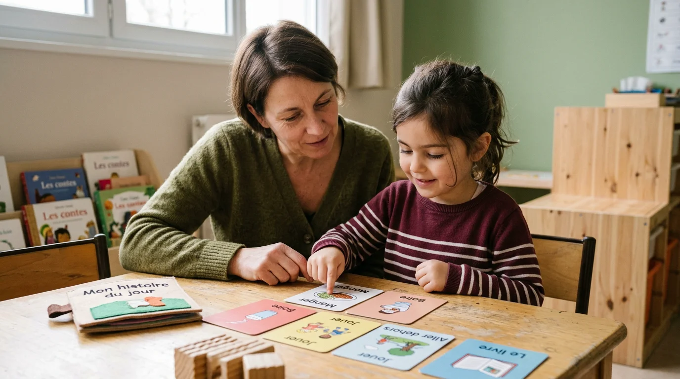 Un enfant travaille avec une éducatrice à l'aide de supports pédagogiques adaptés
