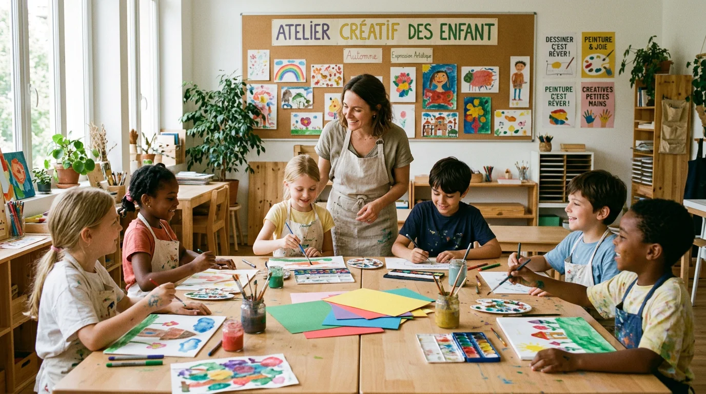 Des enfants participent à un atelier créatif d'arts visuels avec une éducatrice
