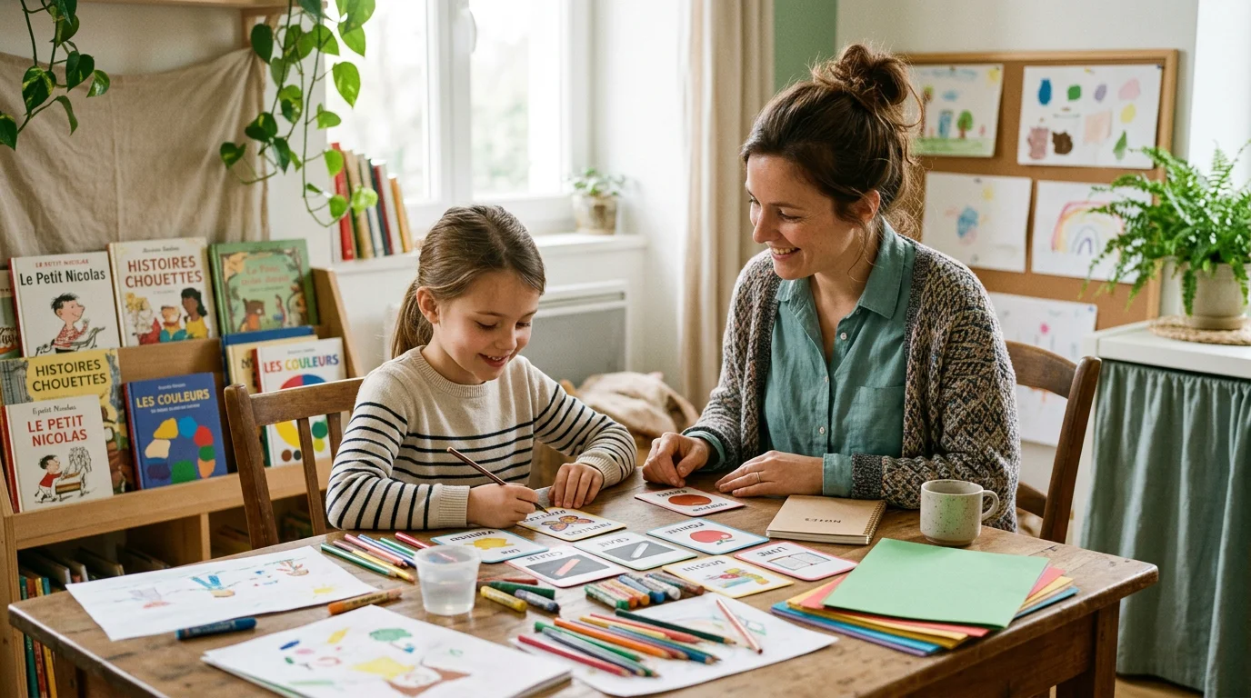 Une éducatrice accompagne un enfant avec des supports visuels créatifs adaptés