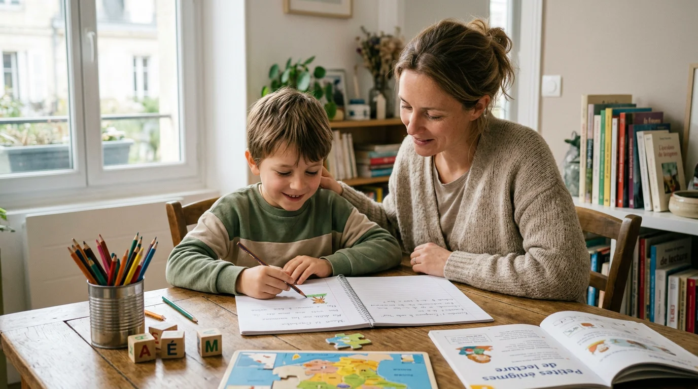 Un enseignant accompagne individuellement un enfant lors d'un cours particulier à domicile