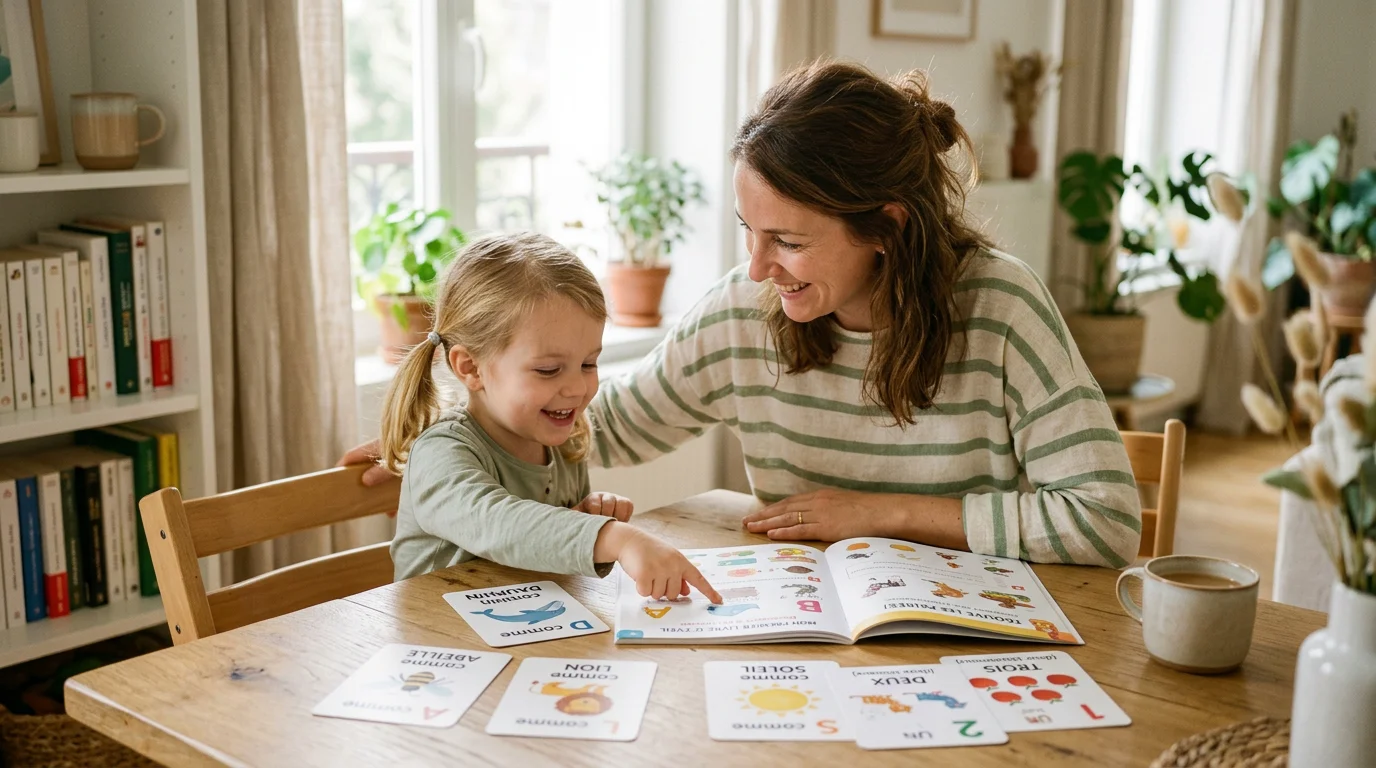 Un parent et un enfant utilisent des outils pédagogiques adaptés à la maison