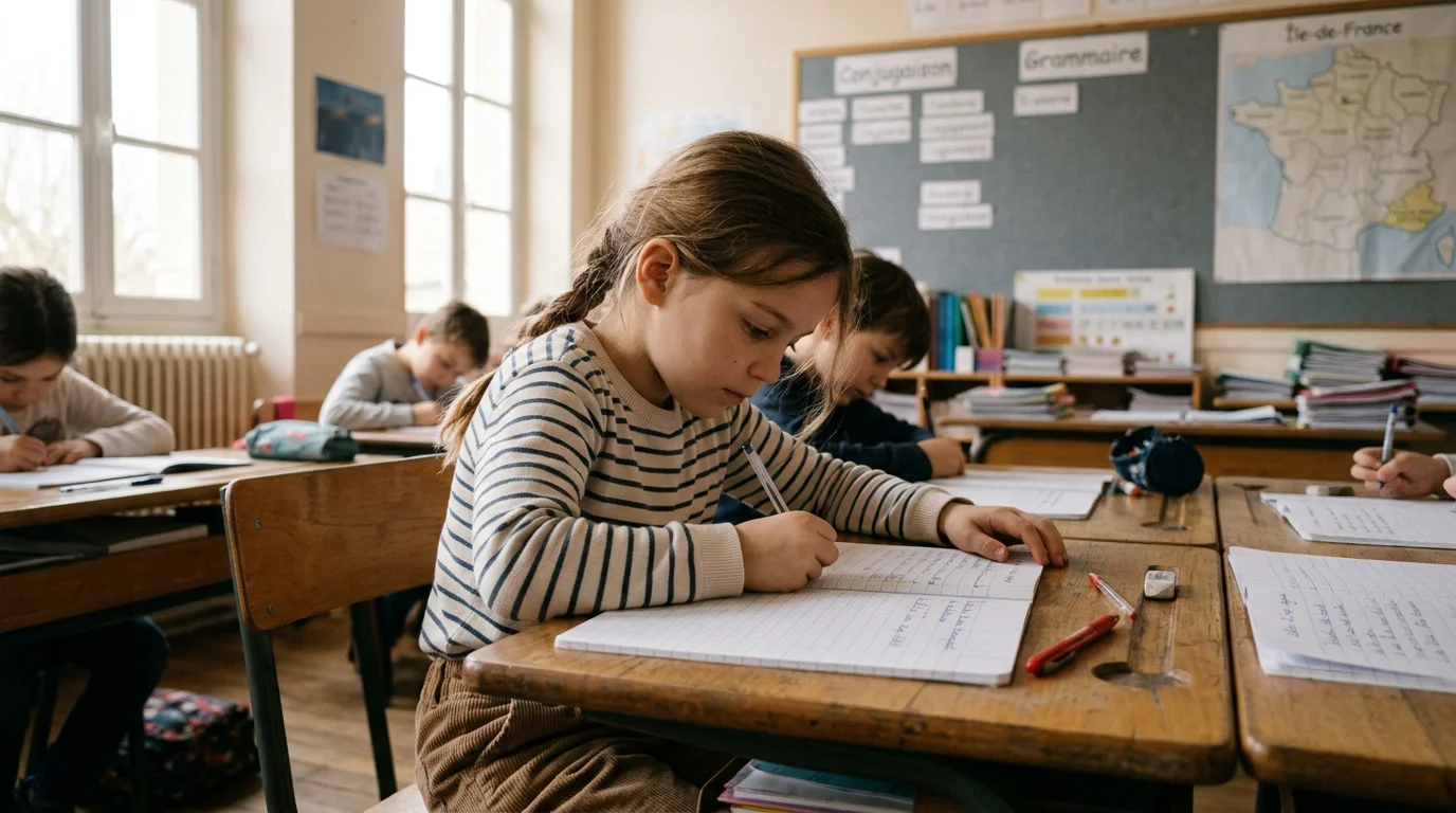 Élève de CM1 concentré sur un exercice écrit à son bureau