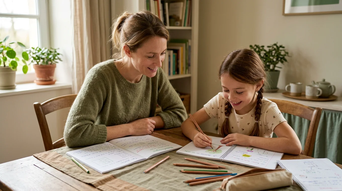Parent aidant son enfant à réviser à la maison en CM1