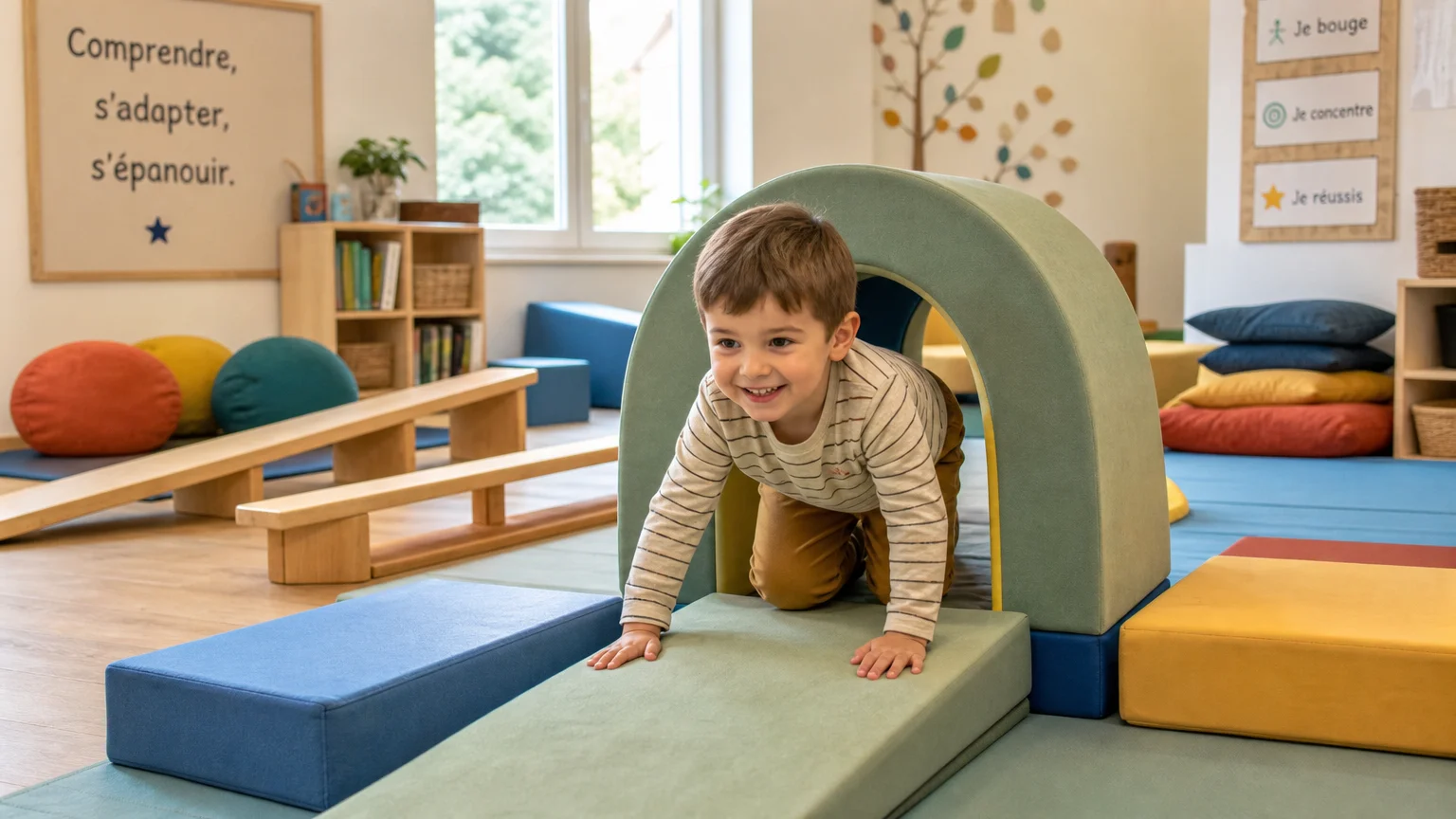 Jeune enfant qui explore un parcours moteur dans une salle de psychomotricité