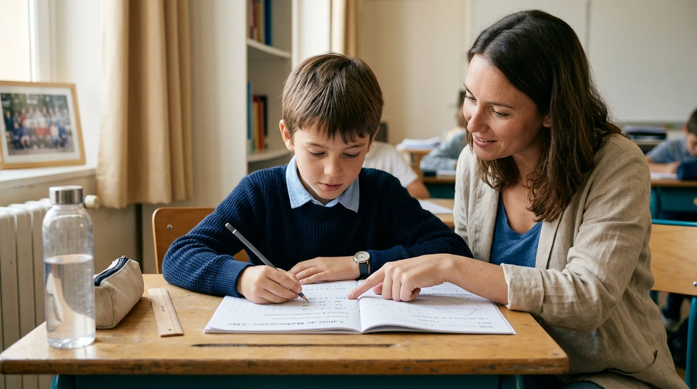 Un élève travaillant un exercice de mathématiques avec l'aide d'un accompagnant