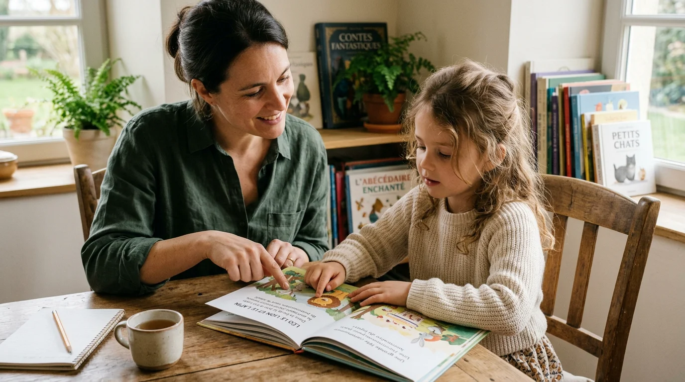Enfant de CP lisant un livre avec l'aide d'un adulte à la maison