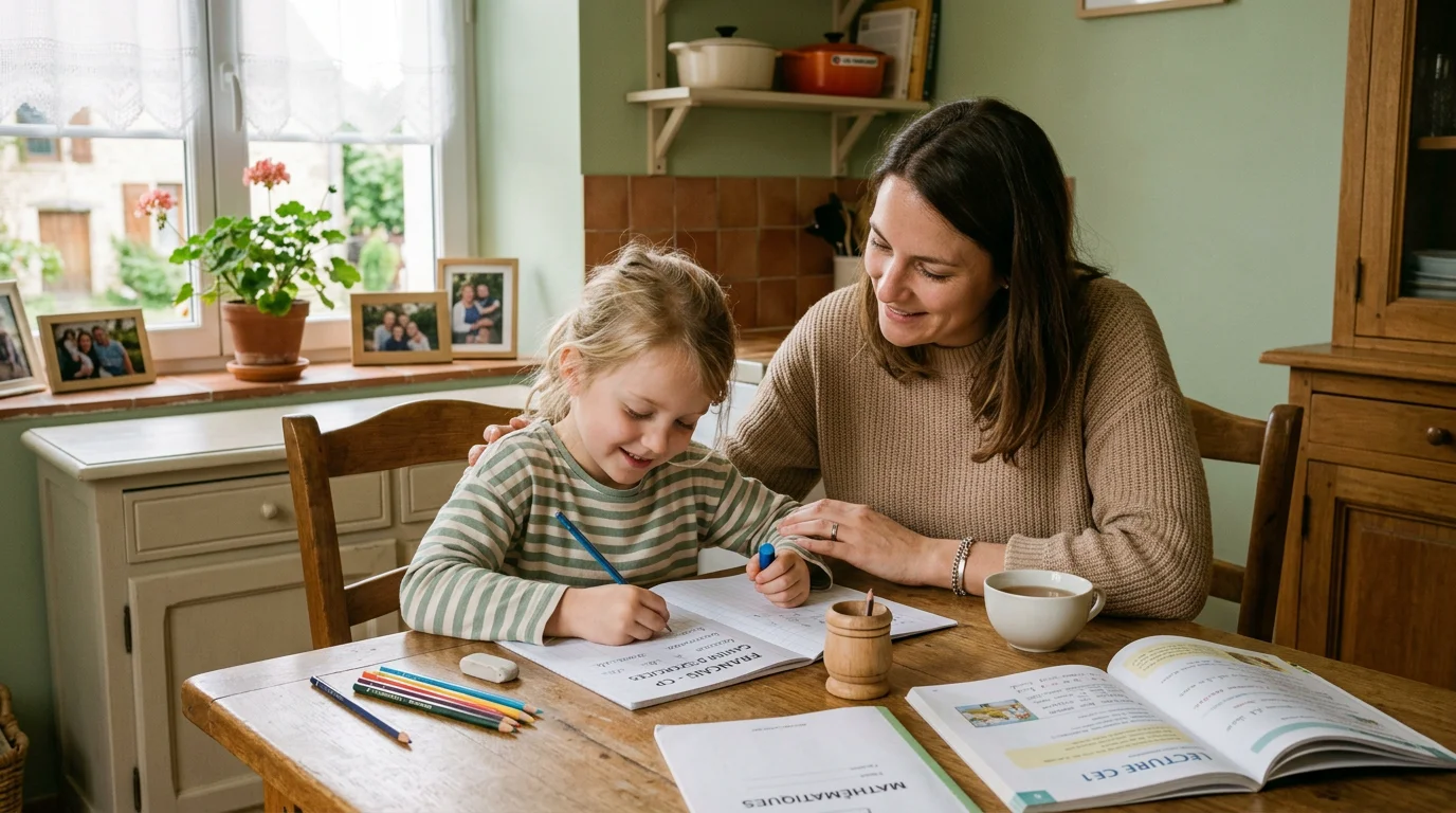 Parent aidant son enfant de CP pour les devoirs à la maison