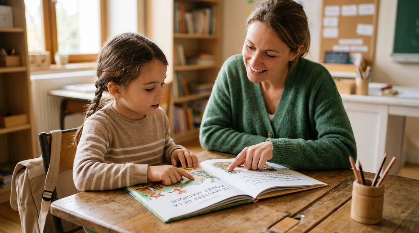 Un enfant lit un livre en français avec un accompagnant à une table en bois