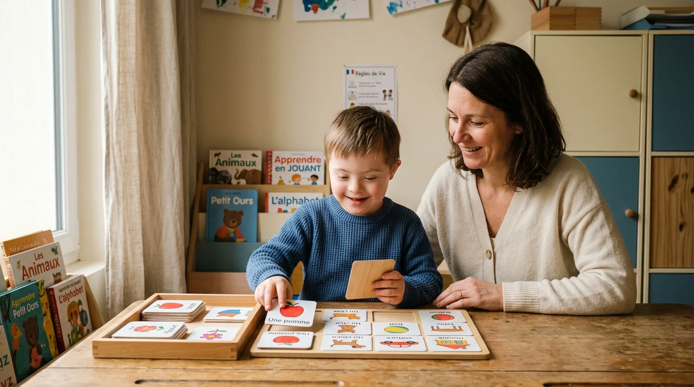 Un enfant apprend le français avec des outils pédagogiques adaptés et visuels