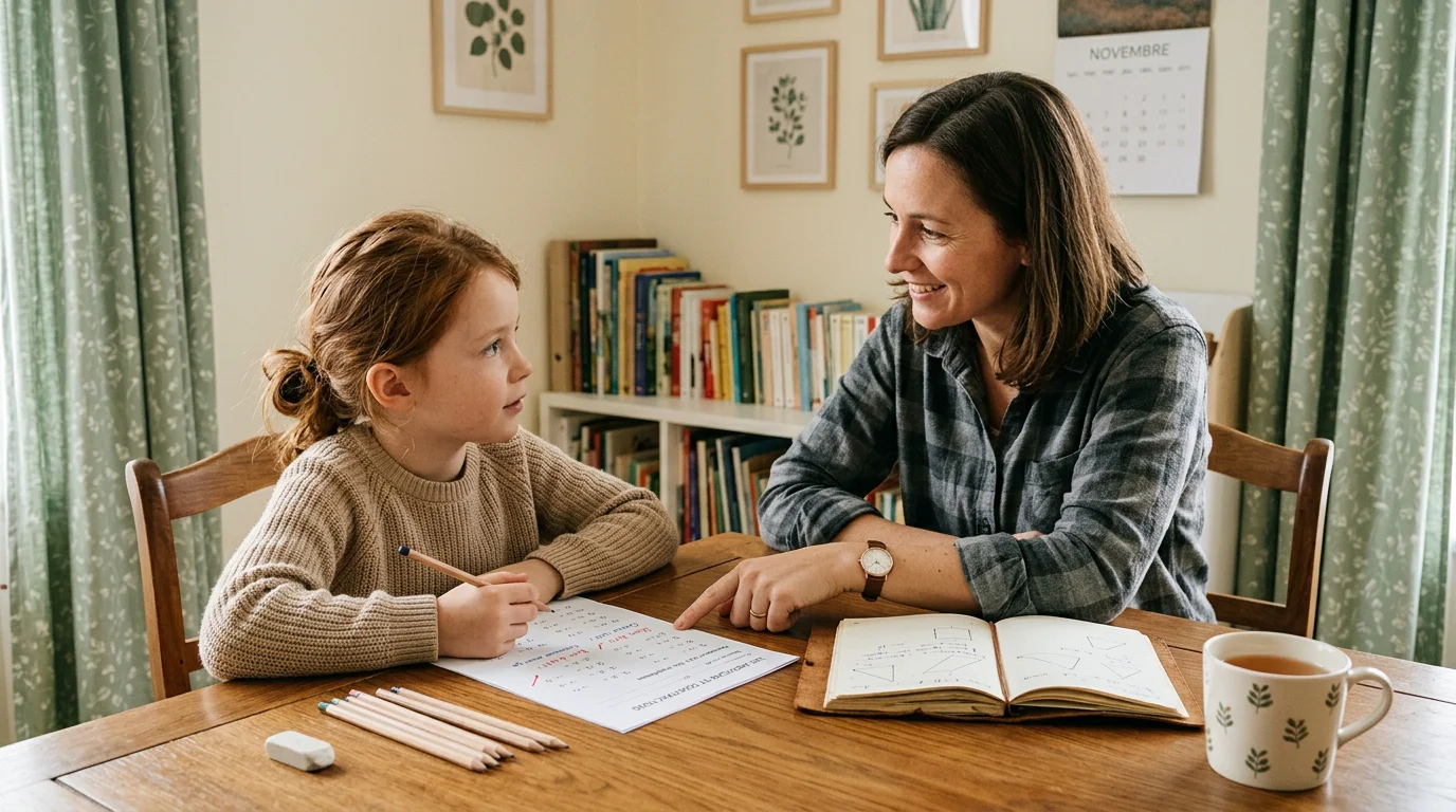 Un enfant de primaire accompagné par un intervenant lors d'une séance de soutien scolaire à domicile