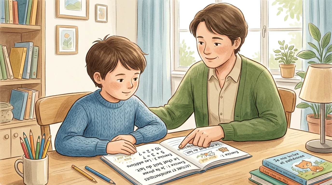 Un enfant de primaire accompagné par un adulte pour ses devoirs à la maison
