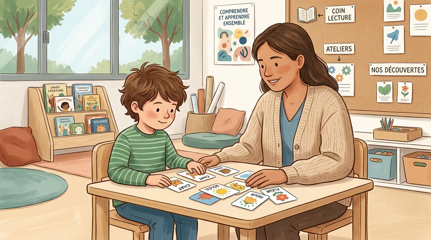 Enfant à besoins éducatifs particuliers utilisant des outils pédagogiques visuels