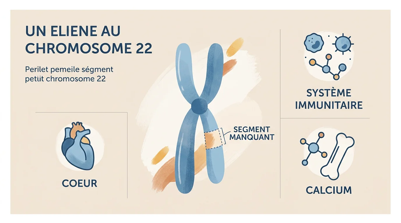 Schéma pédagogique de la microdélétion du chromosome 22 dans le syndrome de DiGeorge