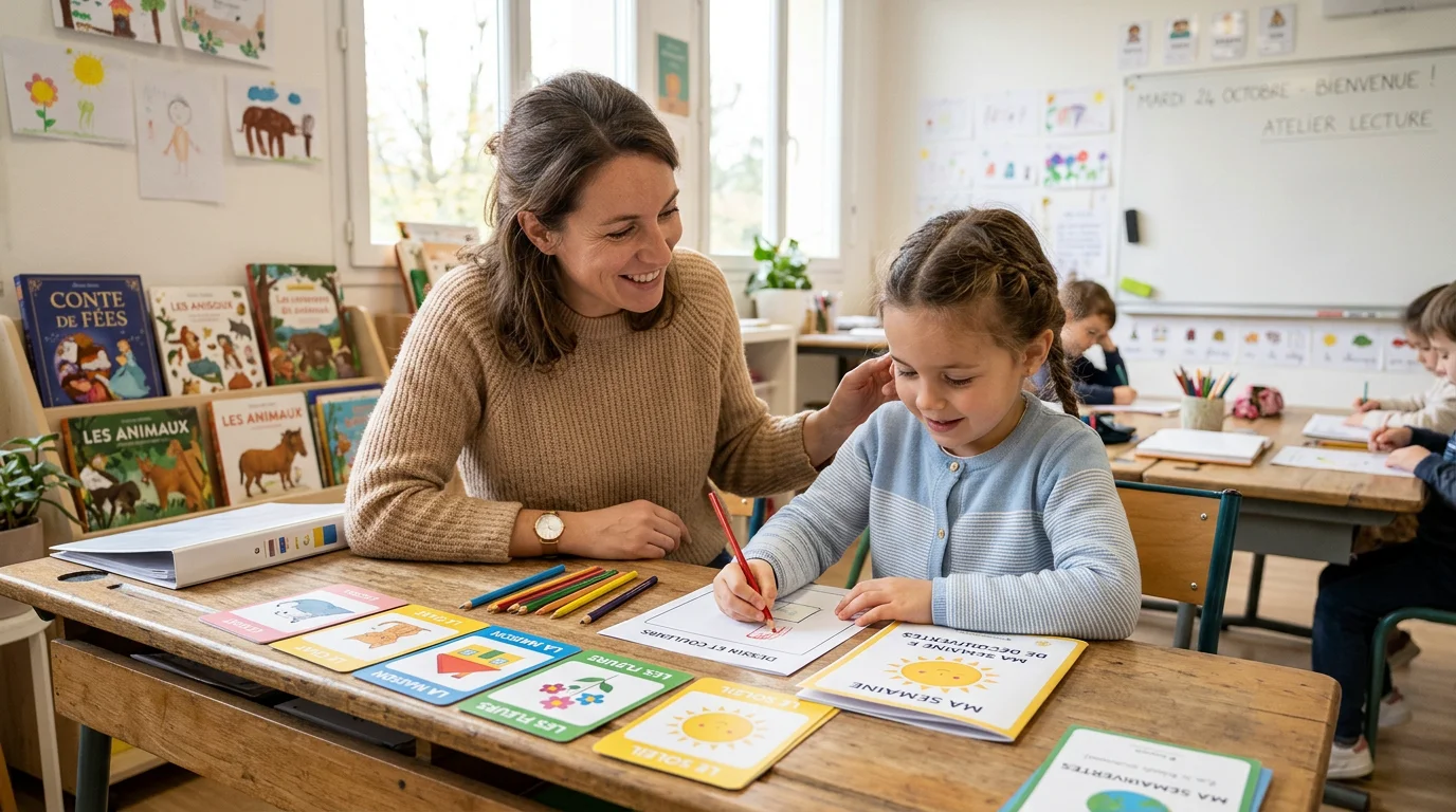 Adulte accompagnant un enfant dans ses apprentissages avec des supports pédagogiques adaptés