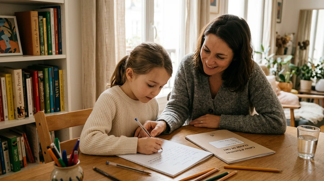 Enfant de CE2 accompagné par un adulte pendant ses devoirs à la maison