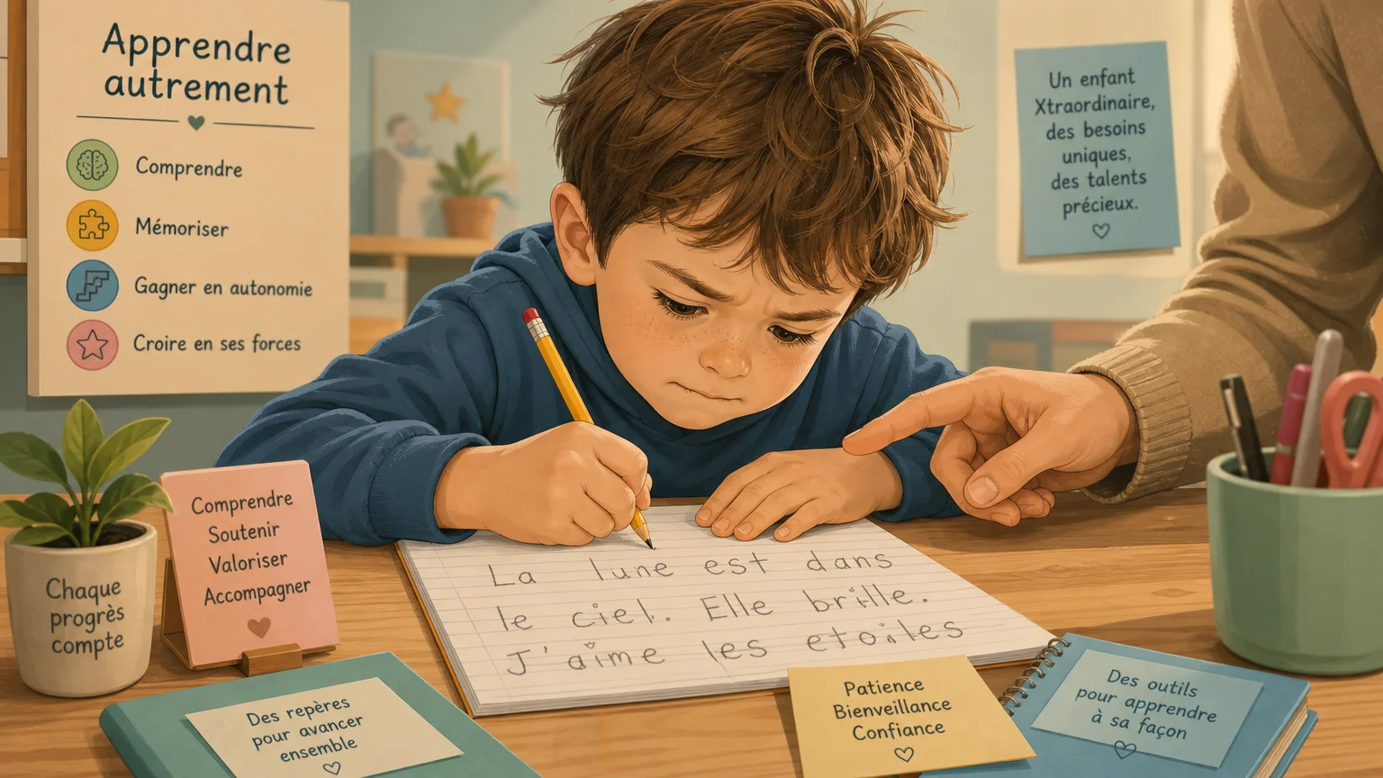 Enfant écrivant avec effort, lettres irrégulières illustrant la dysgraphie