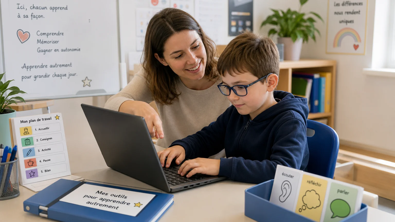 Enfant utilisant un ordinateur en classe comme aménagement pour la dysgraphie