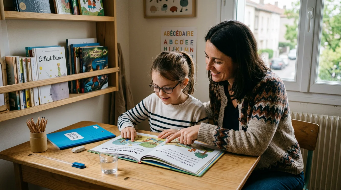 Un enfant de CE1 lit un livre avec l'aide d'un adulte à la maison