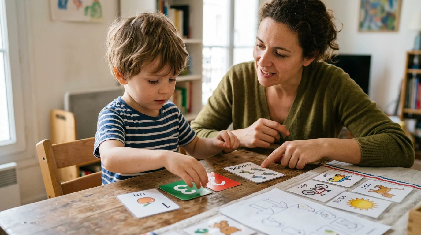 Enfant utilisant des outils pédagogiques visuels et tactiles avec un adulte