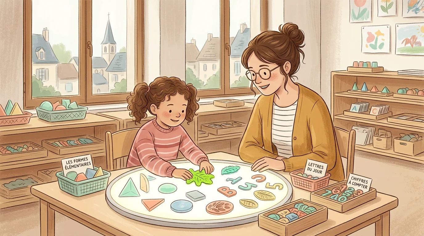 Adulte accompagnant un enfant avec des outils pédagogiques adaptés