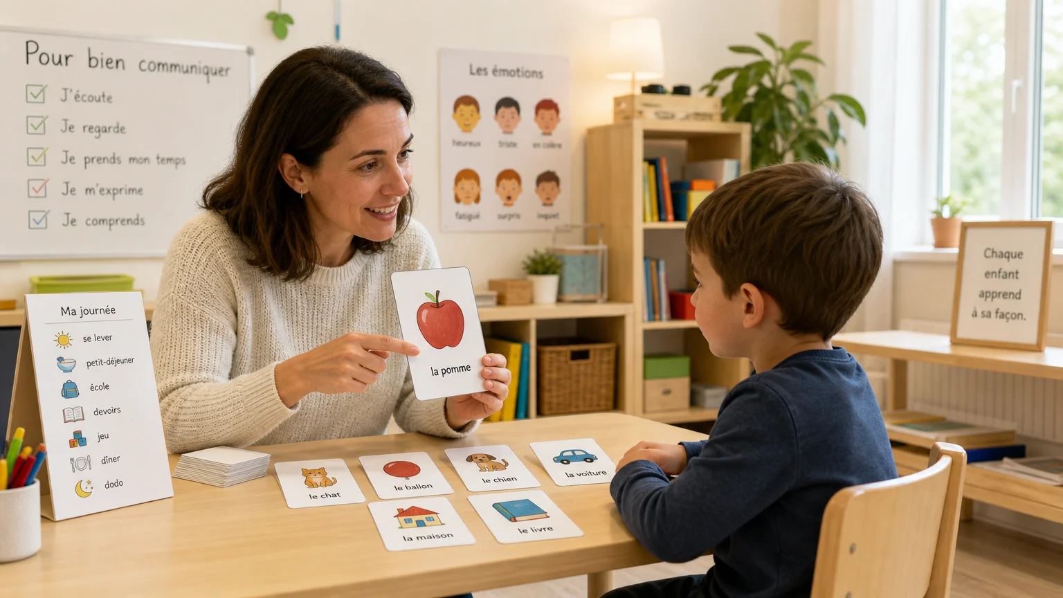 Une orthophoniste accompagne un enfant avec des cartes illustrées