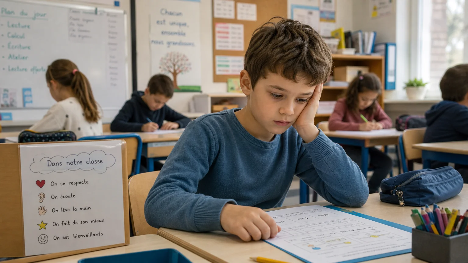 Un enfant hésitant devant un exercice en classe de primaire