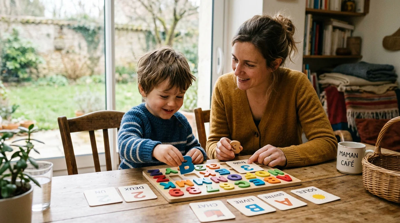 Jeune enfant manipulant des chiffres et des lettres en bois avec un adulte à la maison